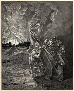 Lot och hans döttrar flyr från Sodom av Gustave Dore