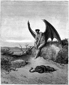 Lucifer (Satan, dechu-ängel, föll från himlen till jorden) möter ormen. Illustration av Gustave Dore till "Det förlorade paradiset" av John Milton (1608-1674). Gravyr från 1866. Privat samling av Gustave Dore