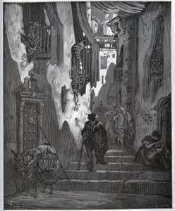 Luscinde skickar en biljett till Cardenio - från "Don Quixote de la Mancha" av Miguel Cervantes (1547-1616) (Don Quijote) - Träsnitt efter teckning av Gustave Dore av Gustave Dore