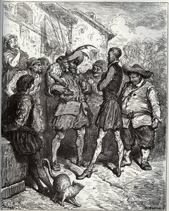 Maese Pedro och den spådomsapen - från "Don Quixote de la Mancha" av Miguel Cervantes (1547-1616) (Don Quijote) - Träsnitt efter teckning av Gustave Dore av Gustave Dore