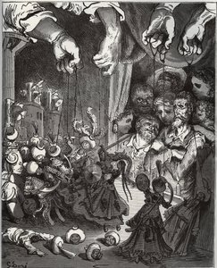 Maese Pedros dockteater - från "Don Quixote de la Mancha" av Miguel Cervantes (1547-1616) (Don Quijote) - Träsnitt efter teckning av Gustave Dore av Gustave Dore