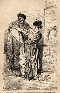 Man och kvinna av folket har fontänen, i Carmona, by nära Sevilla. Skiss tagen live av Gustave Dore (1832-1883). Gravyr för att illustrera resan i Spanien, 1862 av Charles Davillier och Gustave Dore, i "Le tour du monde, nouveau av Gustave Dore