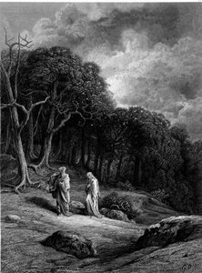 Merlin och Viviane i Brocéliandeskogen - i "" Viviane"" av Alfred Tennyson, illustration av G. Doré av Gustave Dore