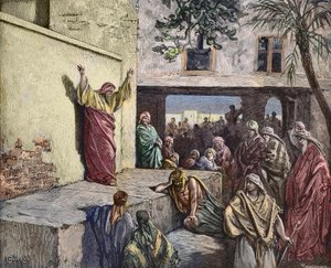 Micah, den moreshitiske profeten som predikar för israeliterna, gravyr av Gustave Dore - "Profeten Michee uppmanar Israels folk till ånger"" Gravyr från 