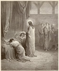 Mirakel: Jesus Kristus helade Jaires dotter (Jairus eller Jairos). Gravyr från Bibeln illustrerad av Gustave Dore (1832-1883) av Gustave Dore
