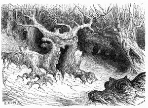 Monstruös bok i Ossaudalen, antropomorfa monsterträd. Gravyr av Gustave Dore som illustrerar boken "Voyage aux Pyrenees d