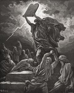 Moses Breaking the Tablets of the Law, 2. Mosebog 32:19, illustration fra Dores 