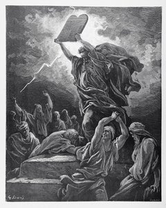 Moses bryter mot lagens tavlor, graverad av Hotelin, c.1868 av Gustave Dore