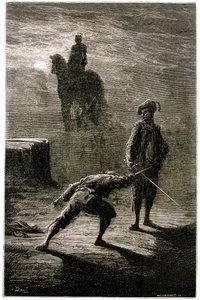 Nattduell i månskenet mellan Baron de Sigognac och Jacquemin Lampourde, under ryttarstatyn av kungen av brons. Gravyr av Gustave Dore som illustrerar Theophile Gautiers roman "Le capitaine Fracasse", edition Charpentier 1863. av Gustave Dore