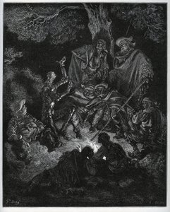 Nattljus där Don Quijote berättar historien om världen för getterna och en Sancho Panza - från "Don Quixote de la Mancha" av Miguel Cervantes (1547-1616) (Don Quijote) - Träsnitt efter teckning av Gustave Dore av Gustave Dore