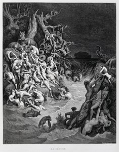 Noa och hans ark flyr när den stora översvämningen omsluter jorden, Illustration från Dore-bibeln av Gustave Dore