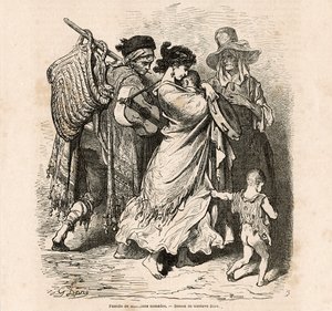 Nomadfamilj av musiker (gravyr) av Gustave Dore