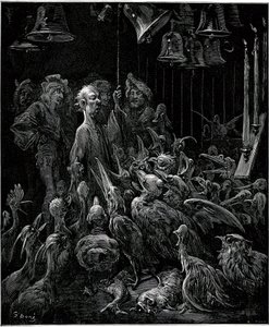 På ön Sonnante får Panurge fåglarna att sjunga genom att ringa i klockorna - illustration av Gustave Dore till kompletta verk av Francois Rabelais - Femte boken - Pantagruel av Gustave Dore