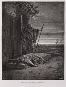 Upprördhet i Gibeah, leviten bär bort sin döda konkubin, Illustration från Dore-bibeln av Gustave Dore