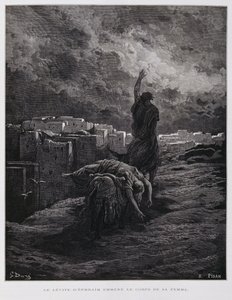 Upprördhet i Gibeah, leviten bär bort sin döda konkubin, Illustration från Dore-bibeln av Gustave Dore