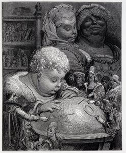 Pantagruel följer en kurs i geografi - i "" Gargantua"" av Rabelais, ill. Gustave Dore av Gustave Dore