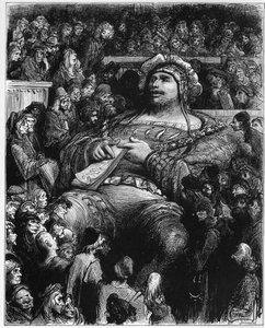 Pantagruel testar sin själ mot de parisiska forskarna - illustration från "Gargantua och Pantagruel", av Francois Rabelais - gravyr av Gustave Dore (1832-1883) av Gustave Dore