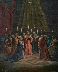 Pingst - Pingst (den Helige Andes ankomst) - Pingst, den Helige Andes nedstigning, gravyr av Gustave Dore (1832-1883) - senare färgläggning av Gustave Dore