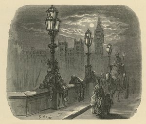 Människor och vagnar på Westminster Bridge av Gustave Dore