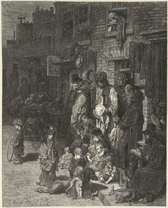 Människor som står och sitter utanför sina hus, på en gata, från "London: a pilgrimage", av William Blanchard Jerrold av Gustave Dore