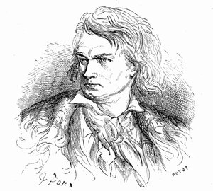 Porträtt av Beethoven av Gustave Dore, ca 1855, som illustration till en text av Hippolyte Taine: "-Vad är Beethoven "En fattig stor man, döv, förälskad, okänd och filosof, vars musik är full av gigantiska eller smärtsamma drömmar." av Gustave Dore