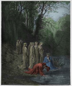 Purgatorio, Canto 33: Dante drinkar av floden Eunoe, illustration från "The Divine Comedy" av Dante Alighieri, 1885 av Gustave Dore