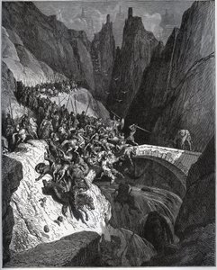 Recite des feats du chevalier Diego Garcia de Paredes - från "Don Quixote de la Mancha"" av Miguel Cervantes (1547-1616) (Don Quijote) - Träsnitt efter teckning av Gustave Dore av Gustave Dore