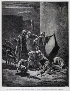 Rester av drottning Jezebel efter att hon kastats ut från palatsets fönster, illustration från Dore-bibeln av Gustave Dore