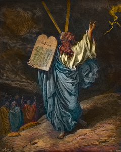Representation av Moses med de nya lagtavlorna på Sinaiberget - gravyr av Gustave Dore (1832-1883) - senare färgläggning av Gustave Dore
