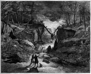 Representation av en opera: den galna graven i strömmen - Sista scenen, akt II av "Pardon de Ploermel", komisk opera från 1859 på ett libretto av Michel Carre (1819-1872) och Jules Barbier (1822-1901), och en musik av Giacomo Meyerbeer (1791-1864) - Teater av Gustave Dore