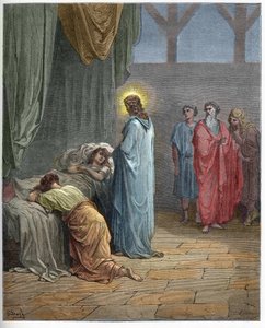 Jaires dotters återuppståndelse - Uppfostran av Jairus dotter (Jesus väcker upp Jairus dotter) - gravyr i "" The Bible illustree"" av Gustave Dore (1832-1883) - Gravyr från "" The Dore Bible"" av Gustave Dore