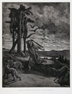 Rizpah hindrar vilda djur från att skända hennes döda söners kroppar, Illustration från Dore-bibeln av Gustave Dore