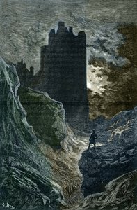 Romantik: "" The Castle of Fear"" Illustration av Gustave Dore (1832-1883) (Rädslans slott, romantik, illustration av Gustave Dore) Privat samling av Gustave Dore