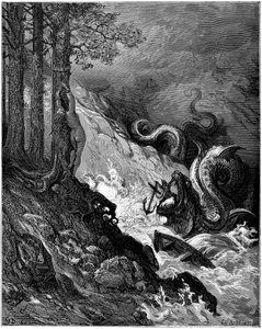Ruggiero bekämpar havsmonstret (draken) som hotar Olimpia, binder fast det i ett träd, blockerar dess käkar med ett ankare och räddar Olimpia (sång 11 stance 37) - Gravyr av Gustave Dore (1832-1883) som illustrerar "Den rasande Roland" (1878) av Ludovico A av Gustave Dore