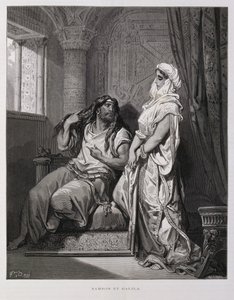 Simson och Delila, kapitel 16, i Domarboken, i Gamla testamentet, illustration från Dore-bibeln av Gustave Dore