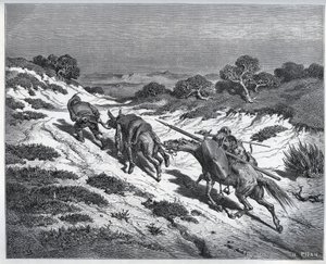Sancho Panza, Don Quijote och deras besättningar efter deras nederlag mot Yangers - från "" Don Quixote de la Mancha"" av Miguel Cervantes (1547-1616) (Don Quijote) - Träsnitt efter teckning av Gustave Dore av Gustave Dore