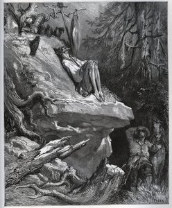 Sancho Panza hittar sin herre, alltid i ånger - från "" Don Quixote de la Mancha"" av Miguel Cervantes (1547-1616) (Don Quijote) - Träsnitt efter teckning av Gustave Dore av Gustave Dore
