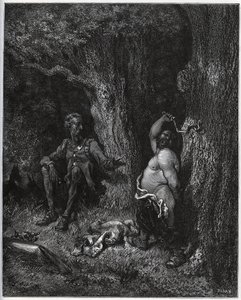 Sancho Panza flyger framför Don Quijote för att uppfylla Merlins önskan och därmed avförtrolla Dulcinee från Toboso. Don Quijote uppmanar honom att dämpa sin glöd - från "Don Quixote de la Mancha" av Miguel Cervantes (1547-1616) (Don Quijote) - Träsnitt av Gustave Dore