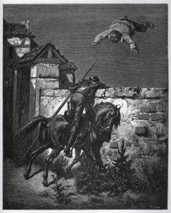 Sancho Panza blir lurad, och Don Quijote kan inte ingripa - från "" Don Quixote de la Mancha"" av Miguel Cervantes (1547-1616) (Don Quijote) - Träsnitt efter teckning av Gustave Dore av Gustave Dore
