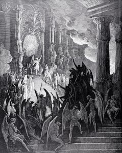 Satan i rådet, från bok I av "Paradise Lost" av John Milton (1608-74) graverad av stephane Pannemaker (1847-1930) c.1868 av Gustave Dore