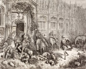 Scen från Törnrosa av Charles Perrault. Från El Mundo Ilustrado, publicerad Barcelona, cirka 1880. av Gustave Dore