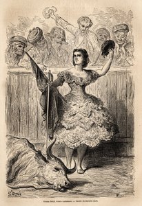 Scen för tjurfäktning: Teresa Bolsis triumf, andalusisk torrera, som hälsar församlingen som hyllar honom i Sevilla. Skiss tagen live av Gustave Dore (1832-1883). Gravyr för att illustrera resan i Spanien, 1862 av Charles Davillier och G av Gustave Dore