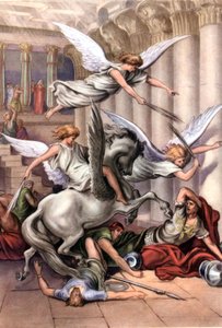 Uppsättning av bibliska utbildningsvykort på 50-talet, gjorda efter Fine Arts: här efter "Heliodorus Driven from the Temple" av Gustave Dore av Gustave Dore