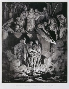 Shadrach, Meshach och Abednego i den brinnande ugnen, illustration från Dore-bibeln av Gustave Dore