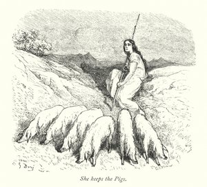 Hon håller grisarna (gravyr) av Gustave Dore