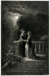 Sigognac och Isabelle: älskande som äntligen förenas i månskenet. I slutändan triumferar kärleken! Gravyr av Gustave Dore som illustrerar Theophile Gautiers pikareskroman om cape och epee "Le capitaine Fracasse", edition Charpentier 1863. av Gustave Dore
