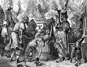 Sindbad sjömannen (Sindbad) - sagan om de tusen och en (1001) nätterna - illustration av Gustave Dore (detalj) - Maxwell edition 1865 - Prolog: en fattig bärare (Hinbad) presenterar sig för Sindbad, som har blivit gammal och rik. Den senare kommer att berä av Gustave Dore