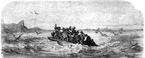 Sindbad sjömannen (Sinbad) - berättelsen om de tusen och en (1001) nätterna - illustration av Gustave Dore - edition Maxwell 1865 - Tredje resan: Sindbad och hans följeslagare seglar ombord på en flotte av Gustave Dore
