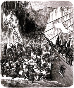 Sindbad sjöfararen (Sindbad) - berättelsen om de tusen och en (1001) nätterna - illustration av Gustave Dore - Tredje resan: en tempete kastar Sindbads och hans följeslagares skepp på en ö där de attackeras av en mängd små och hemska varelser av Gustave Dore