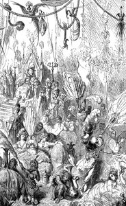 Seglaren Sindbad (Sinbad) - berättelsen om de tusen och en (1001) nätterna - illustration av Gustave Dore - Maxwell-utgåvan 1865 - Sjätte resan - denna gravyr kan föreställa kungen av Serendibs hov eller kalifen Haroun al-Rashids (Harun al av Gustave Dore